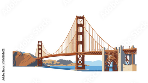 A colorful illustration of the Golden Gate Bridge with a scenic view of the San Francisco Bay and a clear blue sky.