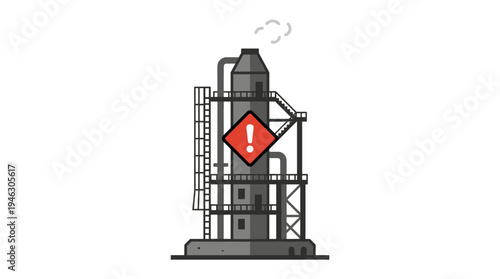Industrial Refinery Tower with Warning Sign and Smoke Emission