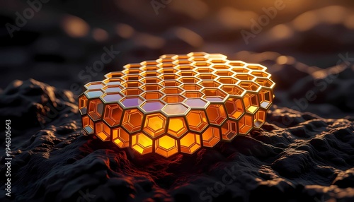 Futuristic golden honeycomb structure glowing with amber light on obsidian