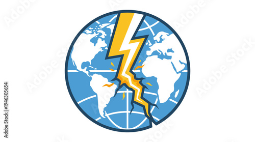 Cracked Planet Earth Icon with Lightning Bolt Symbolizing Global Crisis