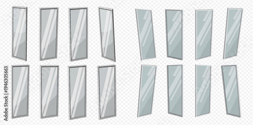 Set of cartoon window frames with glass panes, isolated on transparent background, showcasing various angles and reflections.