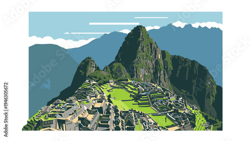 Aerial view of Machu Picchu with lush green mountains and terraced fields under a blue sky with white clouds.