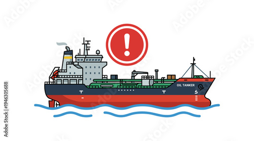 Oil Tanker Ship with Warning Sign and Blue Waves