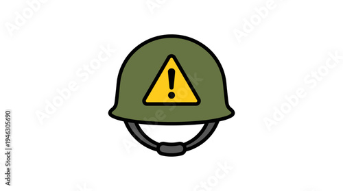 Military helmet with yellow warning sign and exclamation mark