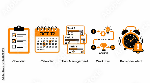 Set of icons representing business planning task management and time organization.