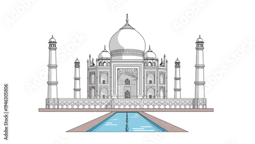 Illustration of the Taj Mahal with a pool of water in front, showcasing its architectural details against a white background.