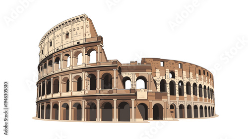 The Colosseum in Rome, Italy, with its ancient stone arches and tiered seating, set against a plain white background.