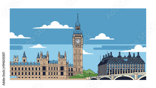 Panoramic view of the Houses of Parliament and Big Ben in London with a blue sky and white clouds