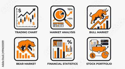 Set of six financial market icons depicting trading charts analysis bull and bear markets statistics and stock portfolios.