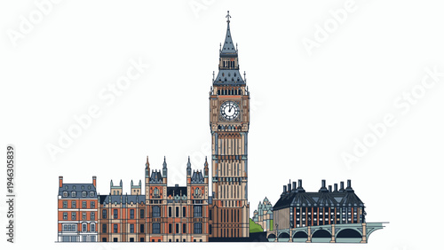 Illustration of a London cityscape with Big Ben and surrounding buildings against a white background in a flat lay style.