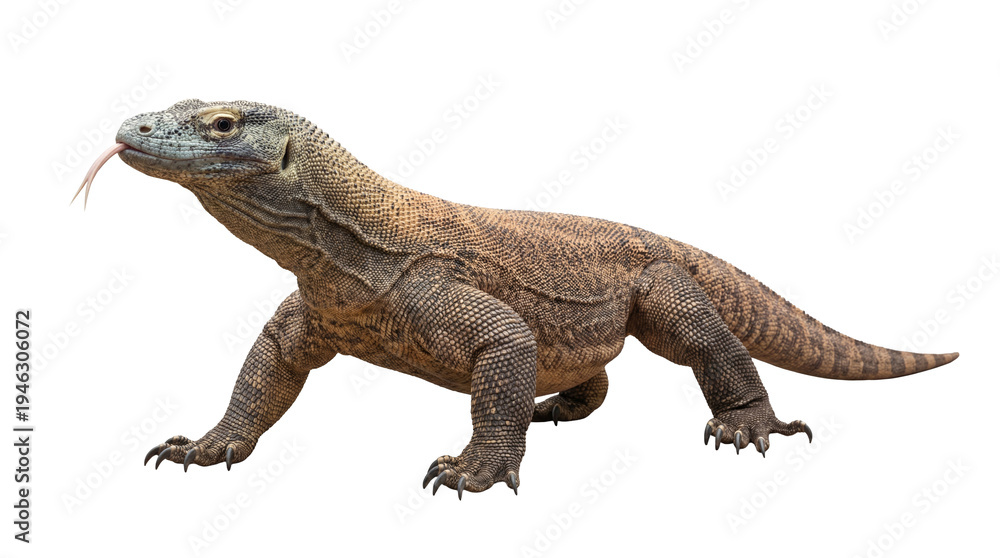 Fototapeta premium Majestic Komodo dragon photograph with extended tongue, isolated on a transparent background, ready for design projects.