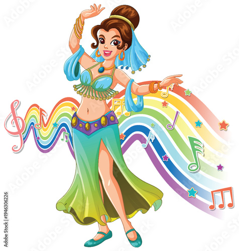 Smiling Belly Dancer Performing with Colorful Musical Notes