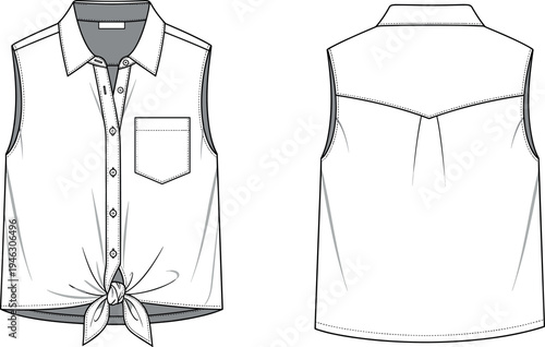 Sleeveless Front Tie Button-Up Shirt Vector Illustration Technical Fashion Flat Sketch for Women’s Apparel Design with Pocket and Back Yoke