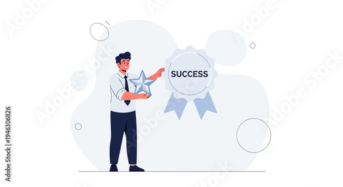 Man holding star and success award ribbon, business achievement concept
