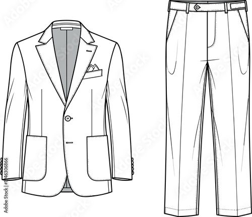 Technical fashion flat sketch of a men's classic two button blazer jacket with patch pockets and matching tailored formal trousers