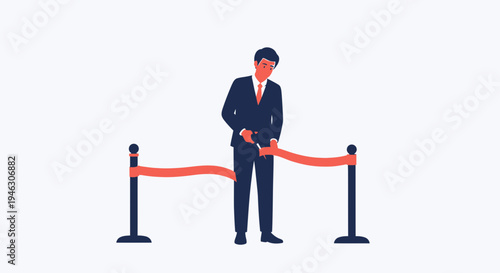 Businessman cutting red ribbon with scissors, grand opening ceremony, business event celebration