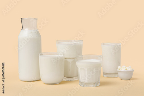 Glasses of fresh kefir and ...