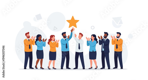 Teamwork success: colleagues celebrate achievement, reaching for star award