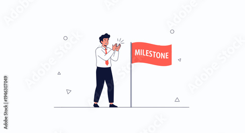 Businessman celebrating reaching a milestone with a flag