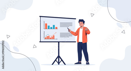 Man presenting charts and graphs on a whiteboard during a business meeting