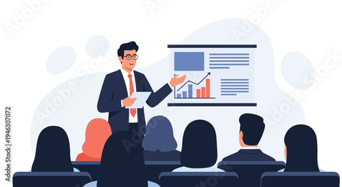 Business Presentation: Speaker Explaining Growth Chart to Audience in Meeting Room