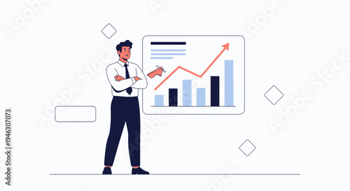 Businessman analyzing financial growth chart with rising arrow, business success concept