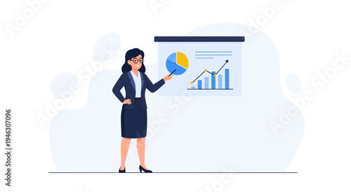 Businesswoman presenting financial charts and pie graph on a whiteboard