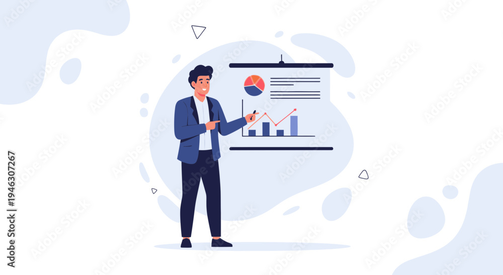 Naklejka premium Businessman presenting financial charts and graphs on a whiteboard