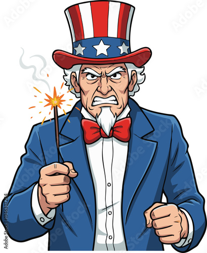 Angry Uncle Sam Holding Sparkler Showing American Patriotism and Determination