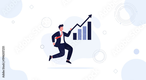 Businessman running towards financial growth with upward bar chart and arrow