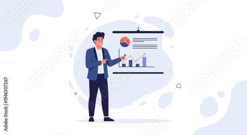 Businessman presenting financial charts and graphs on a whiteboard