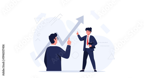 Businessmen analyzing upward trend graph, teamwork and financial growth concept