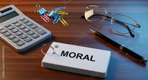 Wallpaper Mural Moral Principles Concept: Flashcards, Calculator, Pen, and Eyeglasses on a Wooden Desk, Business Ethics Torontodigital.ca