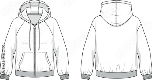 Technical flat sketch of a hooded zip-up sweatshirt with raglan sleeves and kangaroo pockets for apparel design and fashion mockups