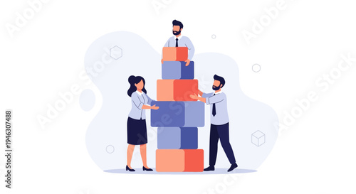 Teamwork building tower blocks, business collaboration, strategy, success, growth concept