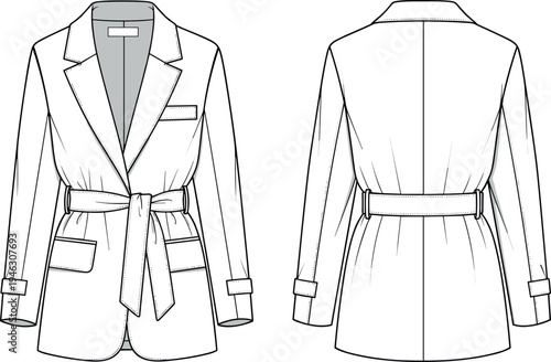 Women Oversized Belted Blazer Jacket Technical Flat Sketch Vector with Notch Lapel Flap Pockets and Waist Tie Fashion CAD Illustration