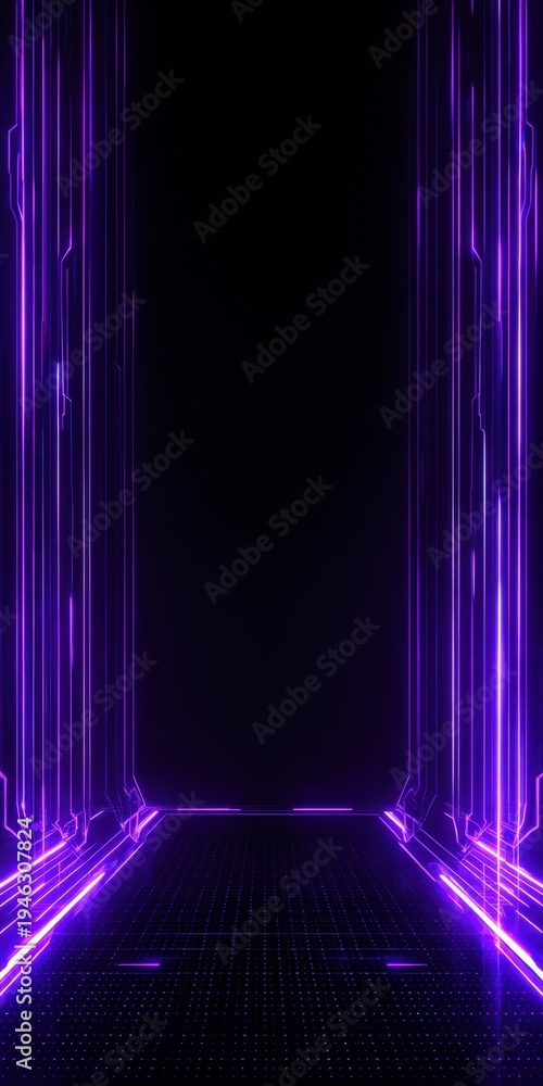 Fototapeta premium Futuristic Neon Glow Portal Background: A Sci-Fi Corridor with Vibrant Purple Lights and Black Space