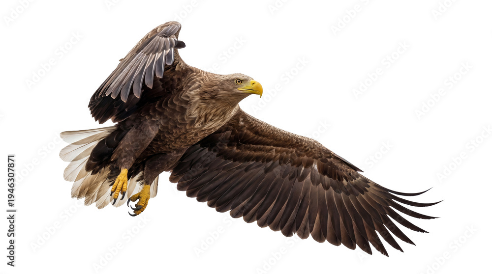 Obraz premium Majestic white-tailed eagle in powerful mid-flight, wings widely spread, isolated on a transparent background.
