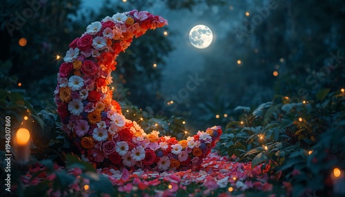 Whimsical floral moon illustration with blooming petals and magical aesthetic.