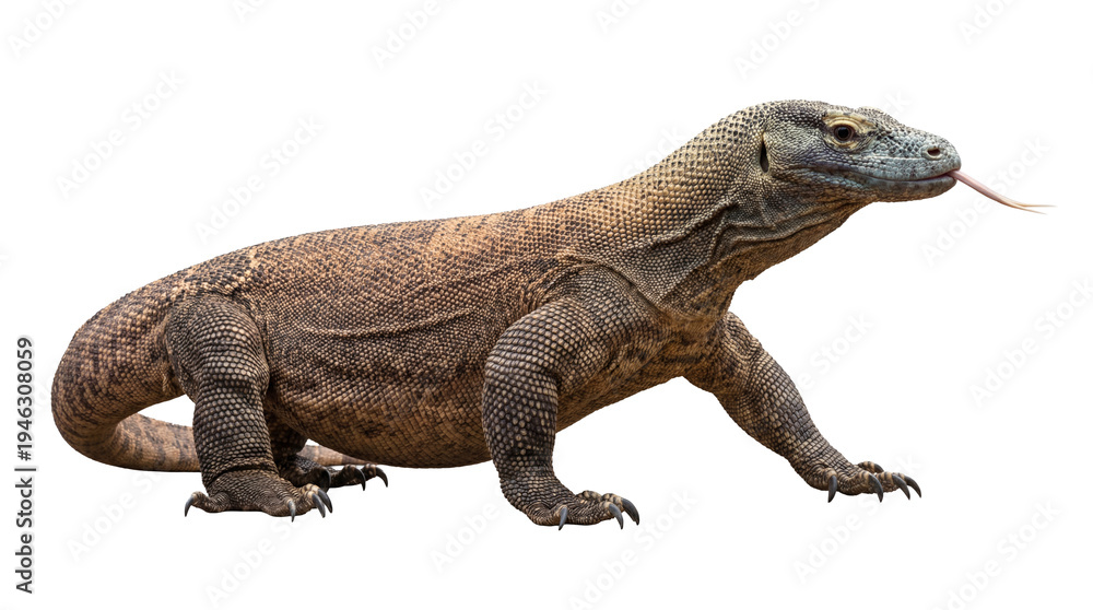 Fototapeta premium Majestic Komodo dragon photograph with extended tongue, isolated on a transparent background, ready for design projects.