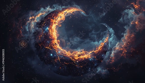 Celestial crescent moon silhouette with cosmic galaxy and nebula stars.