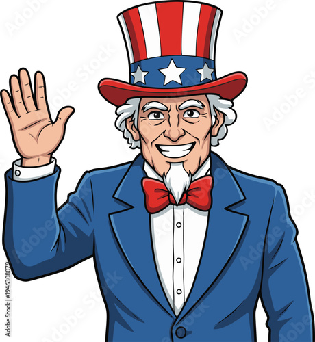 Smiling Uncle Sam Cartoon Character Waving Hand for American Patriotism Campaigns