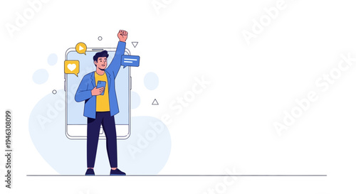 Man celebrating success with smartphone, social media notifications, likes, and messages