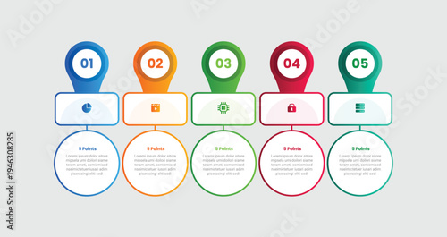 5 points infographic with gradient style with pin location marker on top with circle on bottom on horizontal list with 5 elements stages