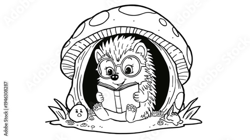 Hedgehog Wearing Glasses Reading a Book Under a Mushroom in a Whimsical Illustration
