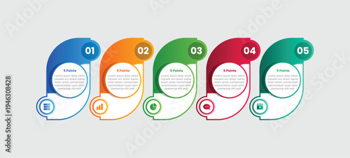 5 points infographic with gradient style with creative circle round wave on horizontal list with 5 elements stages