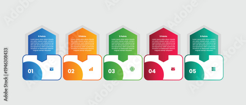5 points infographic with gradient style with tall hexagon base shape with circle badge on side bottom with 5 elements stages