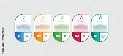5 points infographic with gradient style with creative box container with round bottom and line pointer with 5 elements stages
