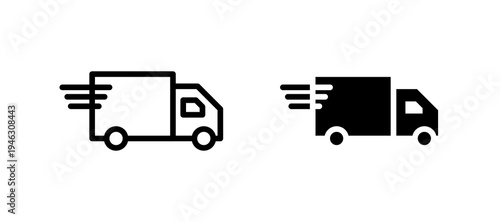 Fast shipping delivery truck icon in black color for website or app.