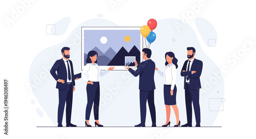 Business team at art gallery opening, celebrating success with balloons